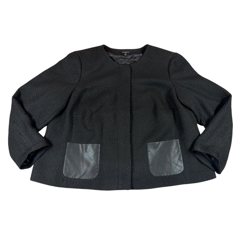 Talbots Woman Black Textured Boucle Jacket Faux‎ Leather Pockets Sz 24W Wool Mix